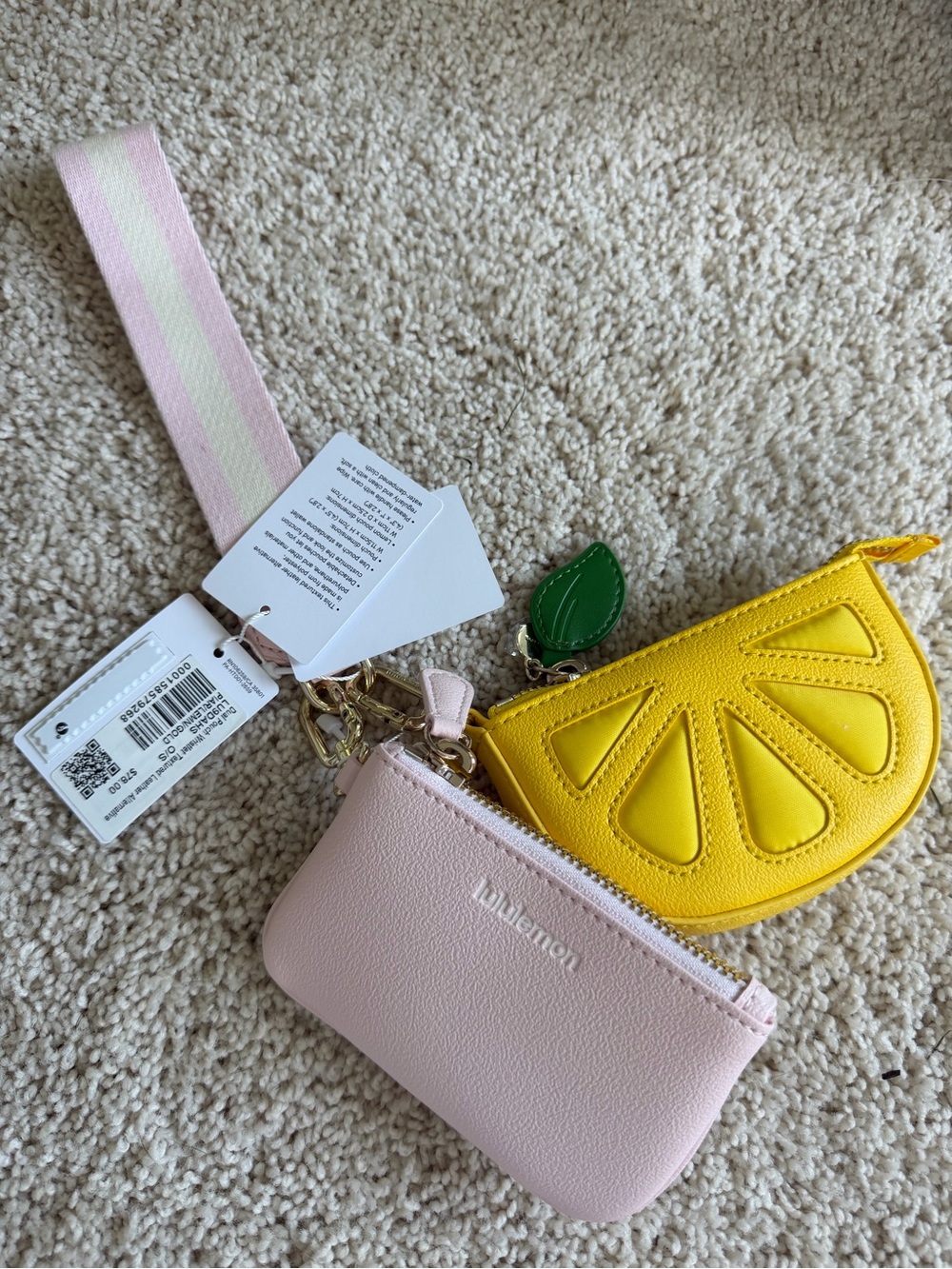 lululemon athletica Pink Zip Pouch and Yellow Lemon Coin Case with Striped Strap